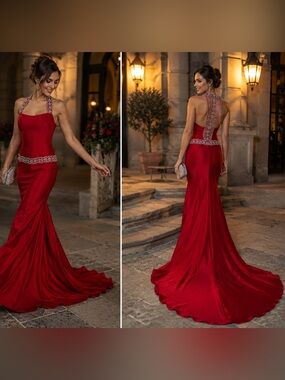 Vintage Precious Formals Red Beaded Halter Mermaid Gown Crystal Prom Dress